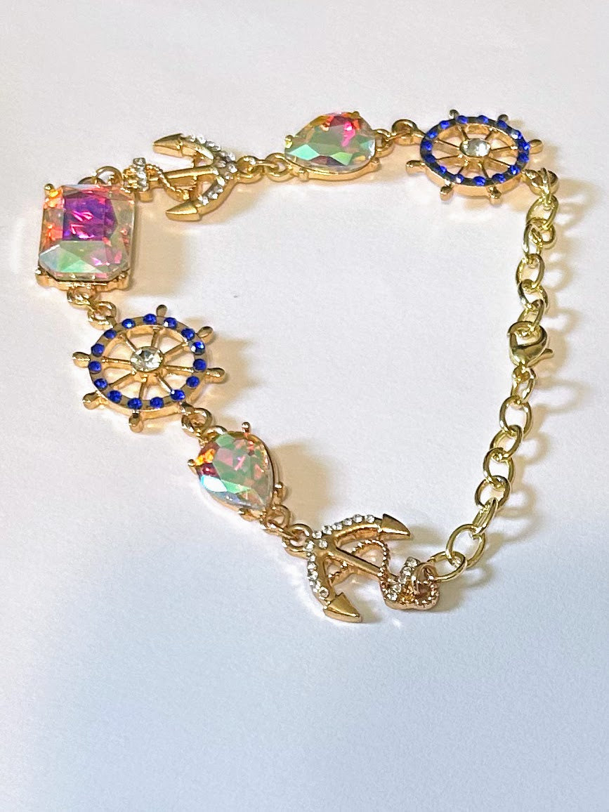 bracelet  Nautical theme, ships wheel and anchor with clear stones 10" long