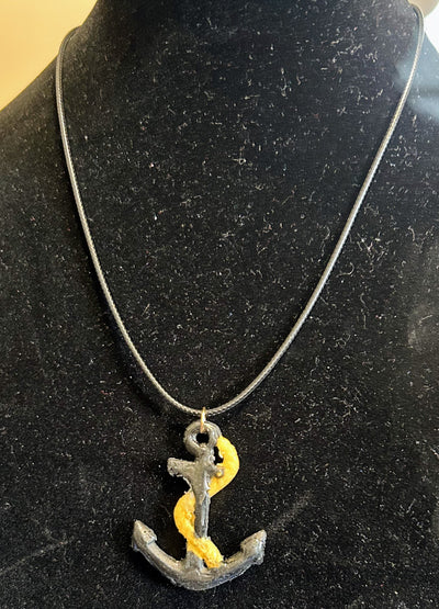 Necklace and pendant - ships anchor black with gold color rope made with resin